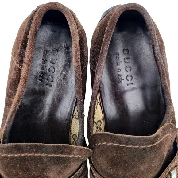 Gucci Italy Brown Suede Leather Driving Loafers Mens 8 Designer Dress Loafers - Picture 5 of 11